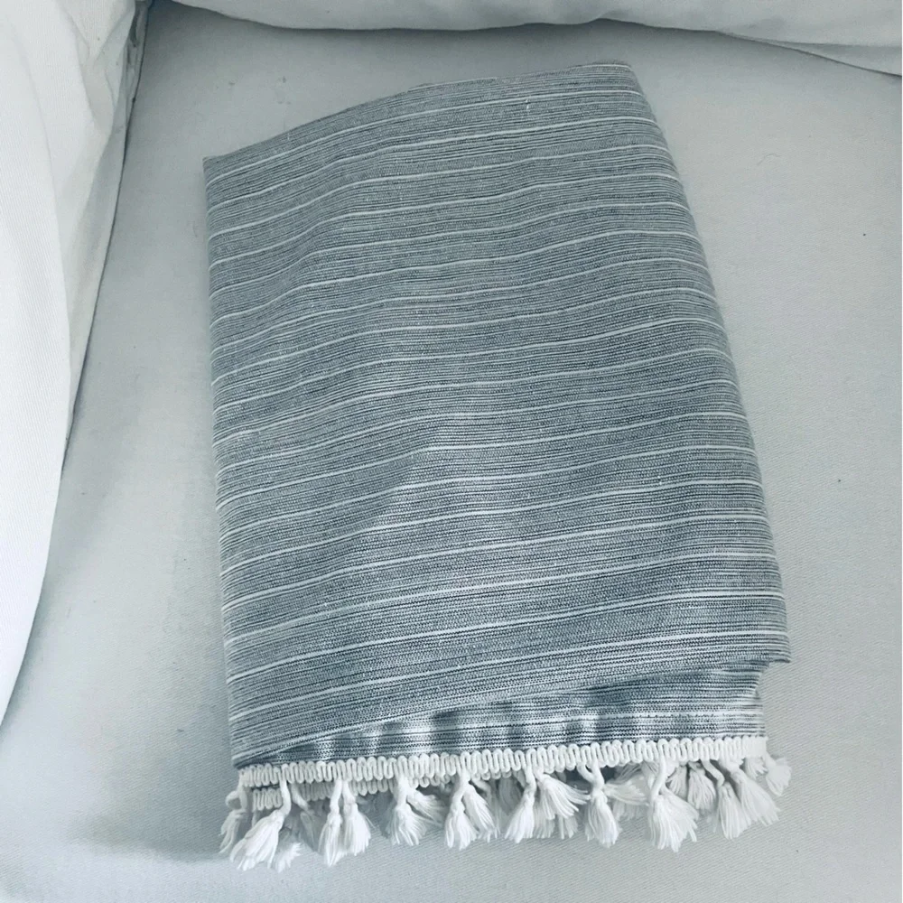 Boho Fringe tassel woven Gray and white stripes Tablecloth or throw blanket